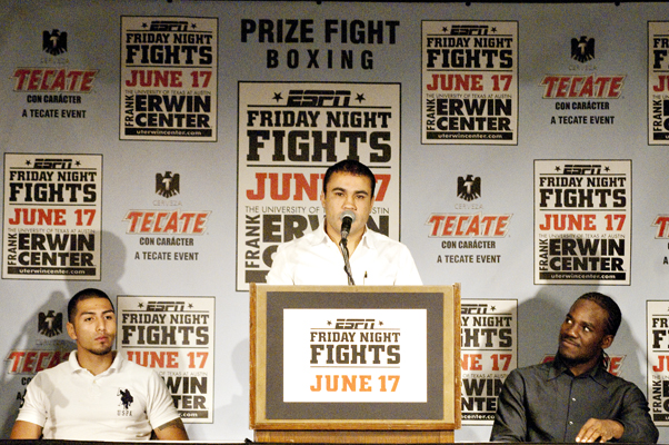 <p>Jesus Chavez speaks during a press conference announcing the return of Friday Night Fights to Austin. The fight will be held on June 17.</p>