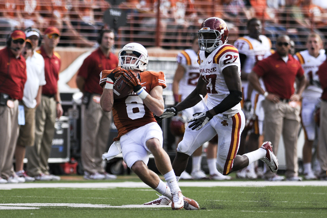 <p>Sophomore Jaxon Shipley makes a catch against Iowa State on Saturday afternoon. Shipley had 137 yards on eight receptions. After several games of inactivity, Shipley turned in a convincing performance.   </p>
