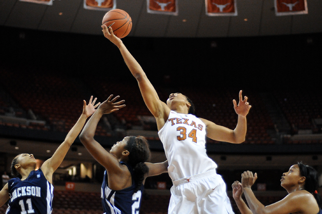 <p>Freshman Imani McGee-Stafford jumps for the ball during Texas’ dominating 80-53 victory over Jackson State. In her third game as a Longhorn, she had twelve points and ten rebounds during the game. The Longhorns dominated the Tigers in the teams’ first meeting and advanced to 3-0.</p>
