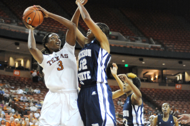 <p>Sophomore Nneka Enemkpali shoots the ball during Texas’ win over Jackson State.  Enemkpali has posted four double doubles in a row so far this season.</p>
