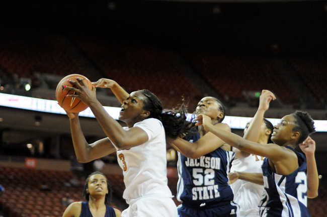 <p>Sophomore forward Nneka Enkempali takes a shot during Texas’ win over Jackson State. She is the first Longhorn since Tiffany Jackson in 2006 to record double-doubles in her first four games.</p>
