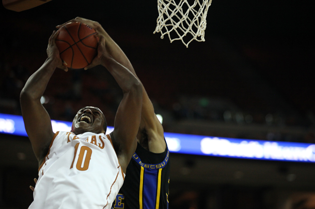 <p>Texas' Jonathan Holmes attempts a shot in the first half of the game against Coppin State.</p>
