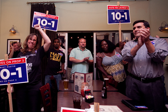 Proponents of the 10-1 plan await results on Proposition 3 and 4 at Opal Divine’s on South Congress Avenue. The 10-1 plan, which was passed Tuesday, will create 10 single-member districts for Austin City Council, along with a mayor elected city-wide, giving different areas of town a bigger voice on the council.