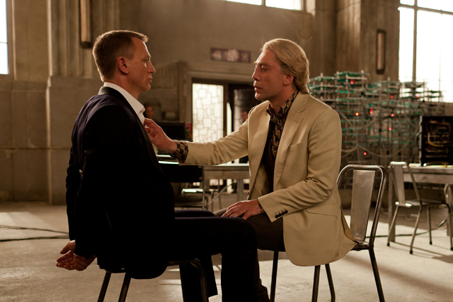 <p>The terrifying Silva (Javier Bardem) introduces himself to James Bond (Daniel Craig) in “Skyfall.” Photo courtesy of Sony Pictures.</p>

