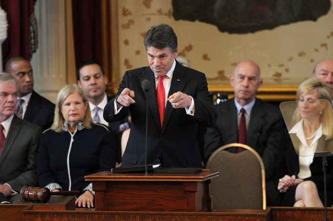 <p>Gov. Rick Perry talks about fixed four-year tuition rates during his State of the State address at the Capitol in January.</p>
