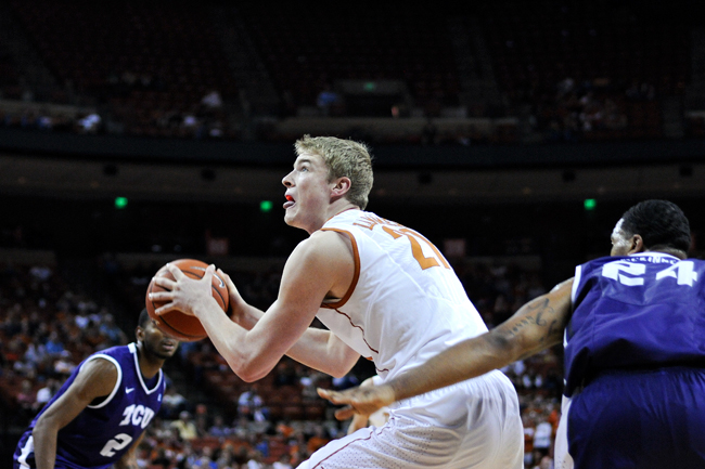 <p>Freshman forward Connor Lammert (21) scored a career-high 14 points in the Longhorns’ double overtime win over Iowa State. Texas is seeking its first road win at Kansas in over two years.</p>
