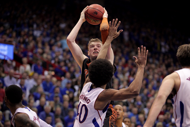 <p>Forward Connor Lammert goes up for a shot in the second half. Lammer finished 3-8 for 9 points and 5 rebounds.</p>
