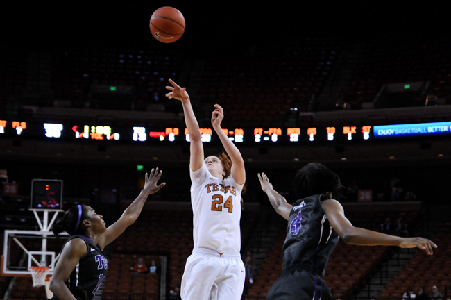 <p>Junior Chassidy Fussell attempts a jumper during Texas’ win over struggling TCU. Fussell and the Longhorns look to end their season on a high note as they host new Big 12 West Virginia tonight.</p>

