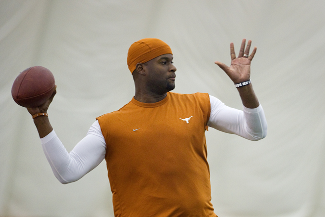 <p>Former Texas quarterback Vince Young worked out at this year’s Pro Day in hopes of earning a spot on an NFL roster.</p>

