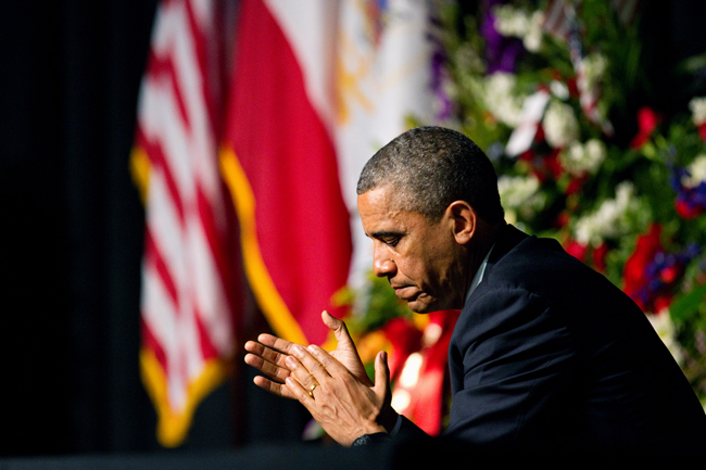 <p>President Obama reflects during the video eulogy at the West, Texas memorial service at Baylor University on Thursday afternoon. The memorial service was held in honor of twelve first responders who lost their lives in the West, Texas fertilizer plant explosion.</p>
