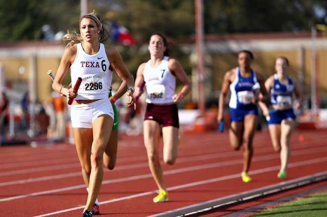 <p>Senior middle distance runner Katie Hoaldridge competes in the 2014 Texas Relays. Hoaldridge is using her experience on the track and field team to pursue a career in the music industry.</p>

