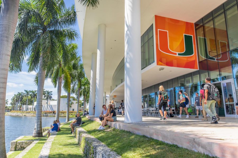 Outside of a University of Miami campus building with people walking and sitting