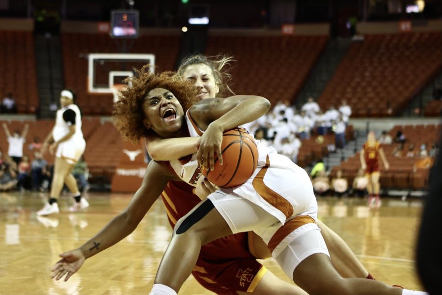 Freshman Guard, Rori Harmon, defends the ball from an Iowa State basketball player. Texas outperformed Iowa State 73-48 at the Frank Erwin Center on February 16th, 2022.