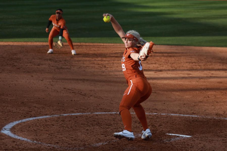 Pitcher+Sophia+Simpson+throws+the+first+pitch+of+the+inning.+Texas+played+McNeese+State+at+Red+%26+Charline+McCombs+Field+on+February+16%2C+2022.