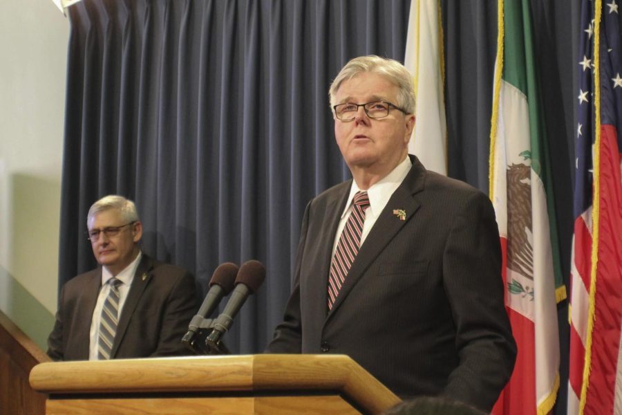 Lt. Gov. Dan Patrick gives a speech at the Texan Capital on Feb 18, 2022. He addressed critical race theory and pledged to eliminate tenure for new hires at Texas public universities.