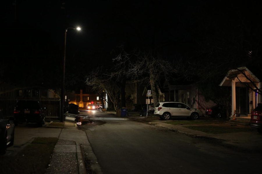 Few working street lights line Graham Pl and Rio Grande St. The City of Austin plans to upgrade more than 400 streetlights in West Campus by the end of the year.
