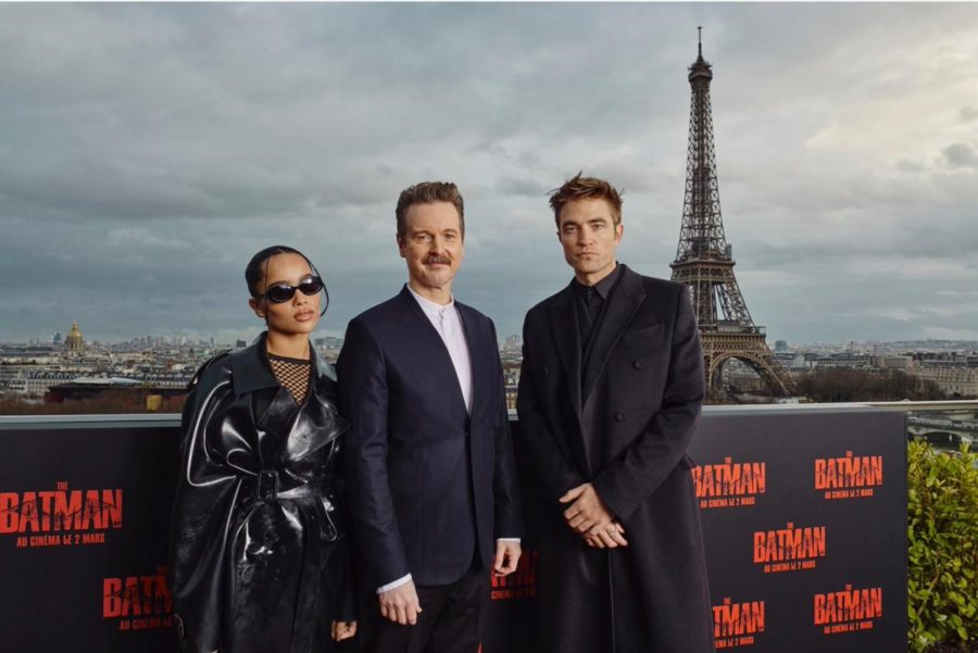 Robert Pattinson, Zoë Kravitz and Matt Reeves pose in Paris at a special event for “The Batman.”