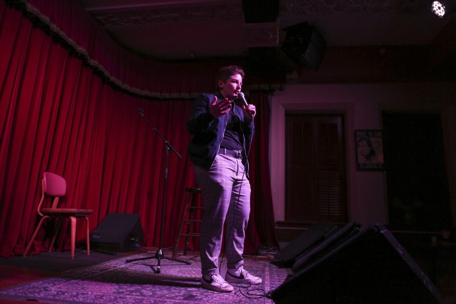 UT alumni Brandy Davis hosts a comedy show at the Cactus Cafe in the Texas Union on Mar 7 2022. The Cafe has recently reopened its doors to musical performances and shows, after a two year shutdown.
