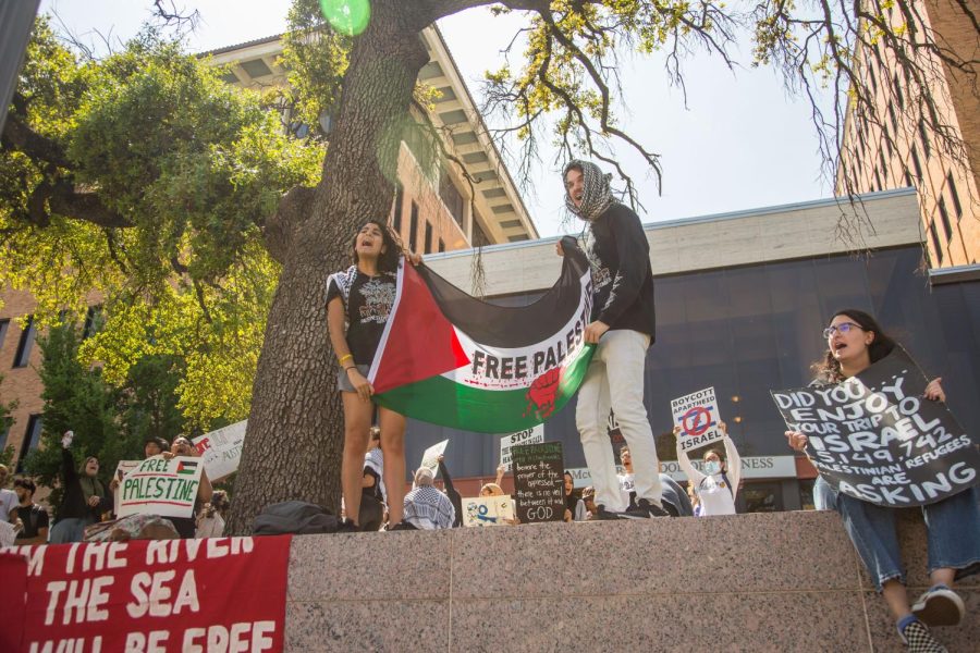 Members of Palestine Solidarity Committee hold signs and banners during a protest against the Israeli Block Party event on April 5, 2022. Protesters gathered near the McCombs School of Business across the street on Speedway from the Israeli Block Party event.