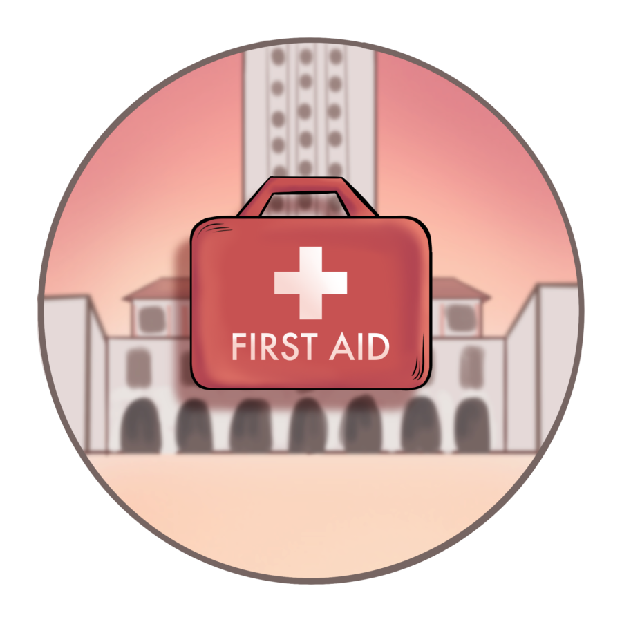 A first aid kit in front of the UT tower