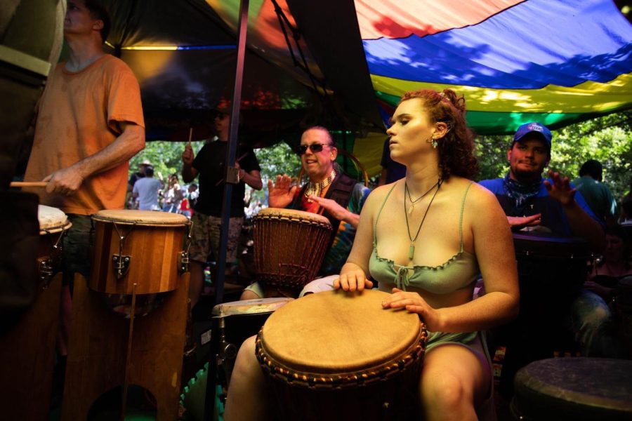 A drummer plays to a beat in a music tent at Eeyore’s Birthday Party on April 30, 2022. Hosted by the Friends of the Forest Foundation, the event is meant to benefit local non profit groups in Austin.