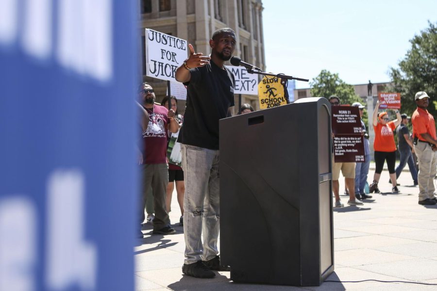 Chaz Moore, Director and Founder of the Austin Justice Coalition, speaks at the March for Our Lives protest at the Texas Capital on June 11, 2022.  