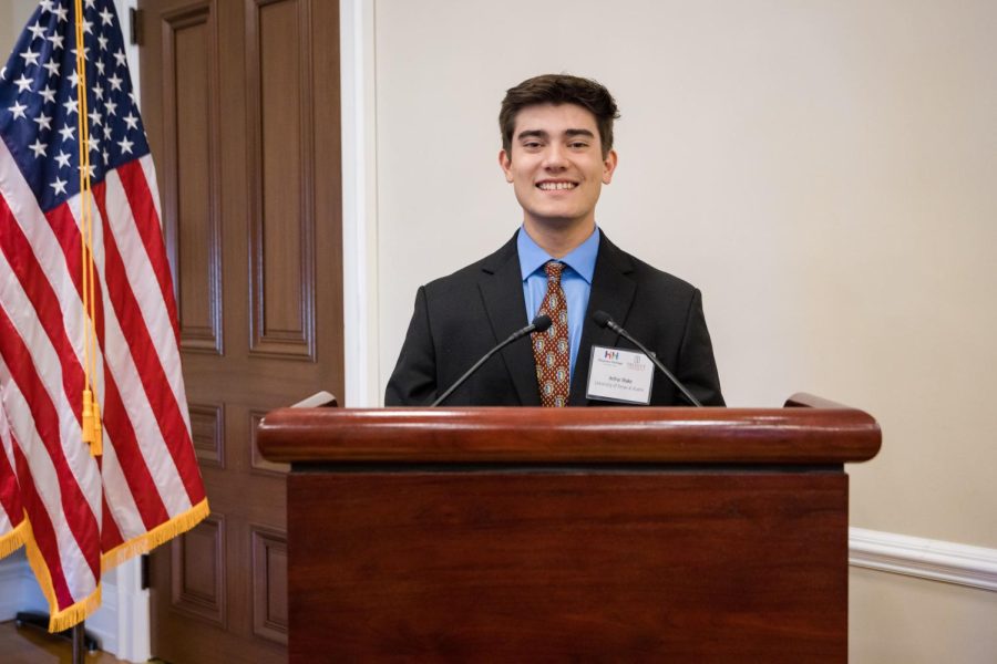Arthur Blake celebrates his Hispanic Heritage Foundation Youth Award on White House grounds.