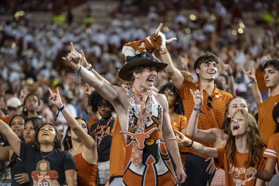 On Oct. 1, 2022, fans celebrate as the Texas Longhorns play the West Virginia Mountaineers at the Darrell K Royal Memorial Stadium. UT beat WVU with a score of 38-20. 