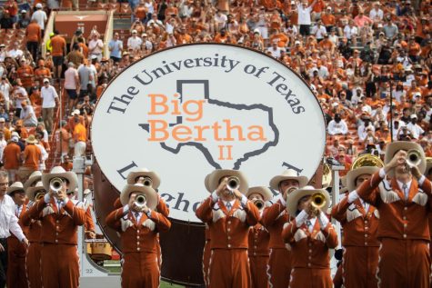 The Texas Longhorn Band reveals their new bass drum Big Bertha ll during the UT vs. Iowa State game on Oct. 15, 2022.