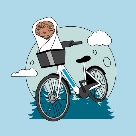 Illustration of E.T. in the basket of a bicycle