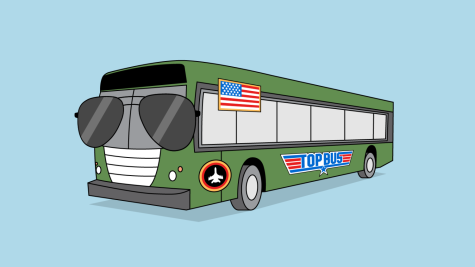 Illustration of green bus with Top Gun costume