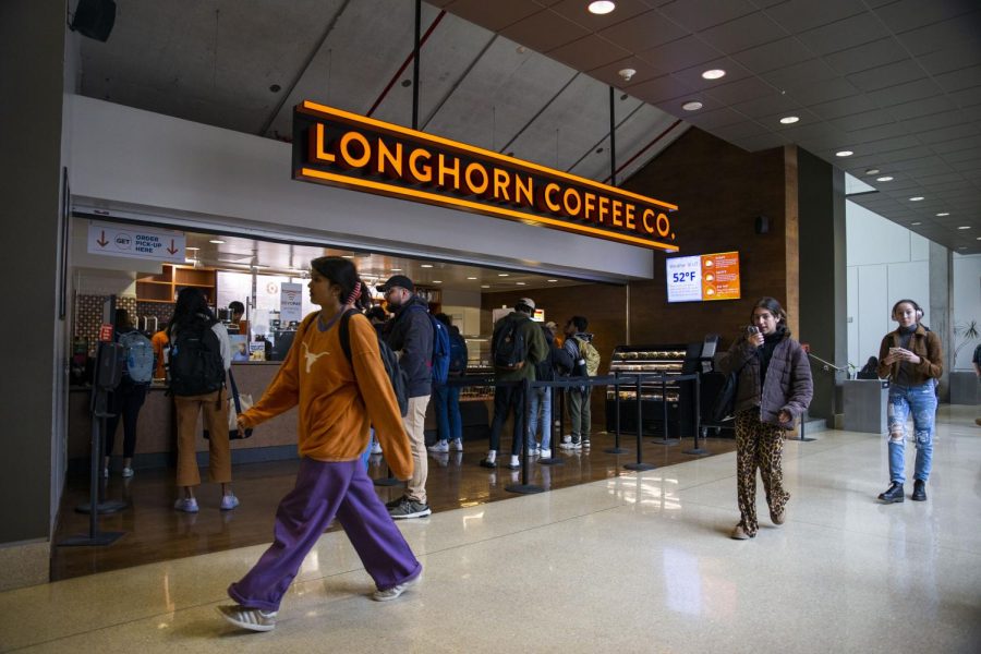 Students walk past Longhorn Coffee Co in the WCP. Longhorn Coffee Co, which is run by Housing and Dining, pays students a minimum of $13/hr.