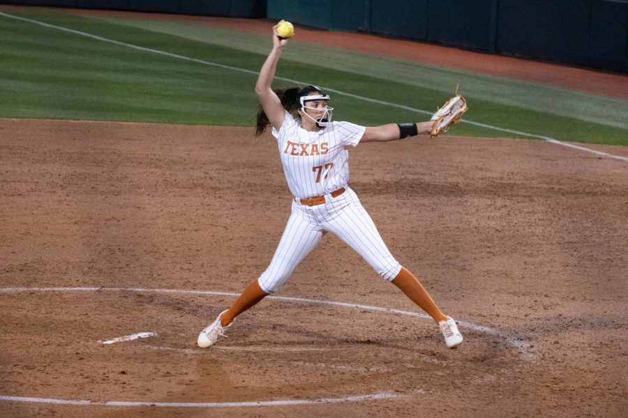 Freshman+right-handed+Citlaly+Gutierrez+throws+a+pitch+at+home+opener+against+Lamar+University+on+Feb.+15%2C+2023.+