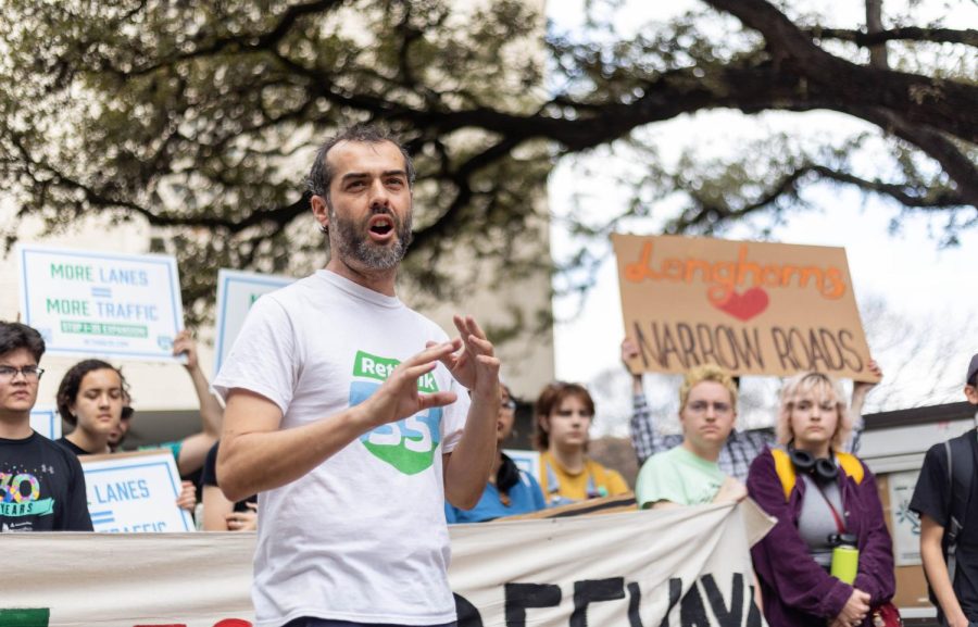 Executive director of Rethink35 Adam Greenfield speaks against I-35 expansion at the University of Texas at Austin on Feb. 15, 2022. Rethink35 organized with UT students to protest the Texas Department of Transportations proposal to expand I-35. 