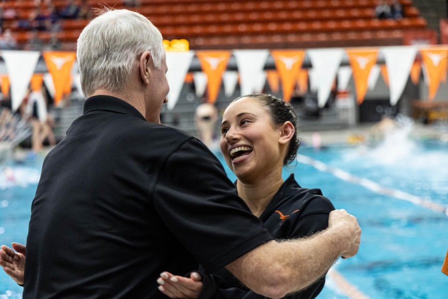 Seniors are recognized at the Big 12 Swimming and Diving Championship at the Lee and Joe Jamail Texas Swimming Center on Feb. 25, 2022. The University of Texas was named Big 12 Champions for mens and womens events. 