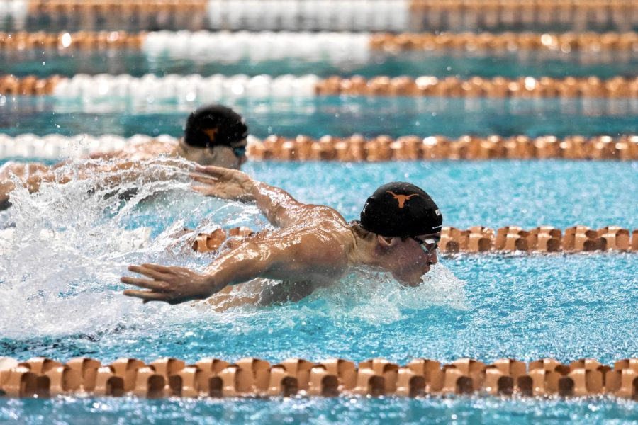 Swimmers compete in the Big 12 Swimming and Diving Championship at the Lee and Joe Jamail Texas Swimming Center on Feb. 25, 2022. The University of Texas was named Big 12 Champions for mens and womens events. 