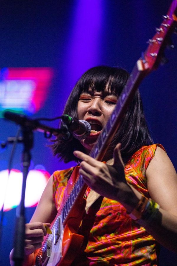 Yoyoyoshie, guitarist for Japanese pop-punk band Otoboke Beaver, sings during a performance at the ACL Live Moody Theater on March 16, 2023.