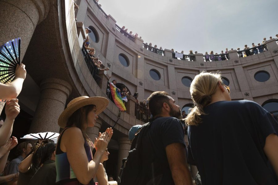 Protestors gathered at the Texas state capitol to rally against House Bill 1686 on March 27, 2023. The two bills, if passed, would prohibit gender transitioning in youth.