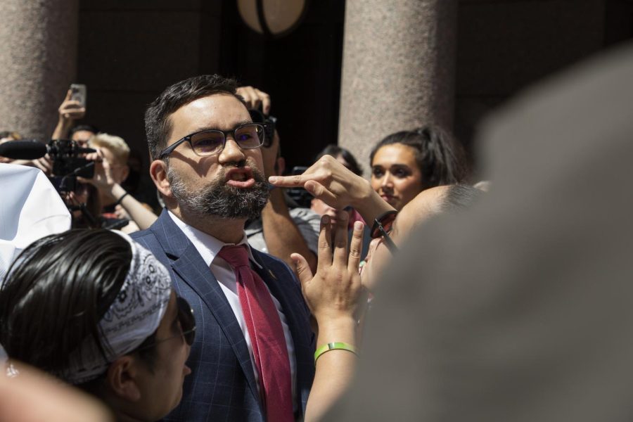 A counter-protester confronts the crowd at a rally at the Texas state capitol on March 27, 2023. The rally was held in protest of House Bill 1686. 