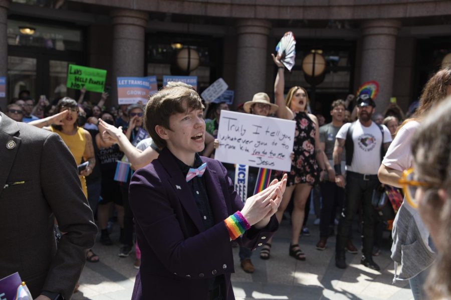 A protester chants at a Trans Rights Rally held at the Texas state capitol on March 27, 2023.