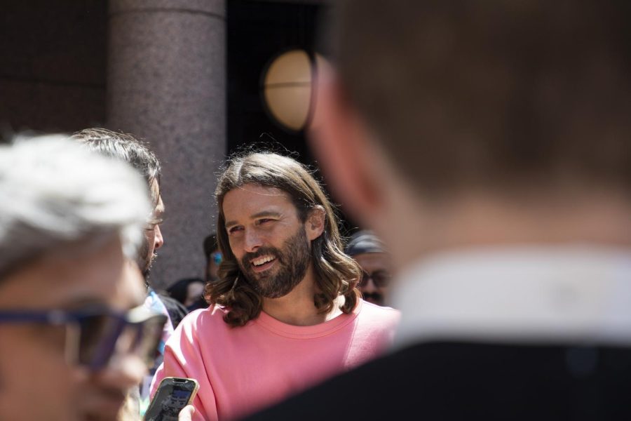 Queer Eye star Jonathan Van Ness speaks to protestors at the Texas state capitol on March 27, 2023. 