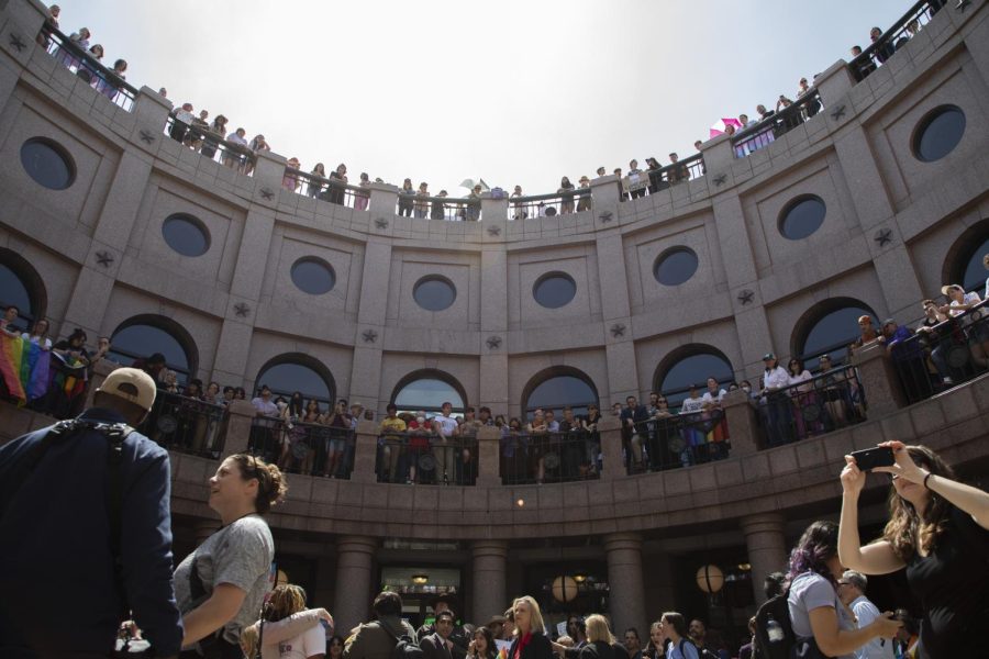 Protestors gathered at the Texas state capitol to rally against House Bill 1686 on March 27, 2023. The two bills, if passed, would prohibit gender transitioning in youth.