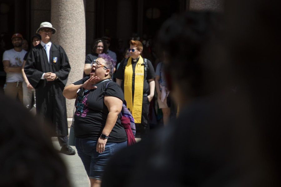 A protester speaks to the crowd at a Trans Rights Rally at the Texas state capitol on March 27, 2023.