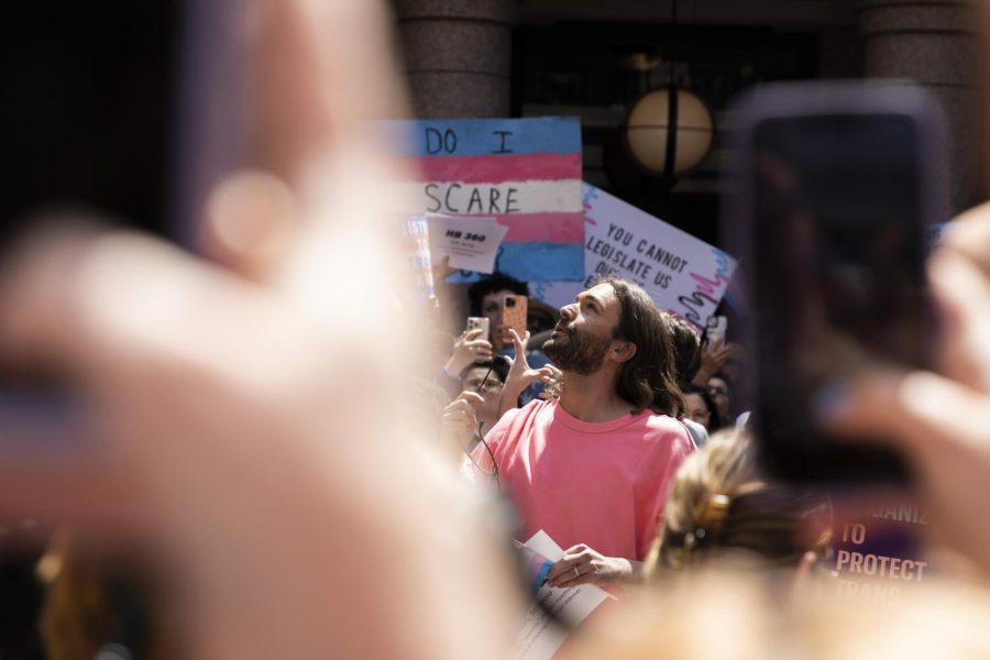 Queer Eye star Jonathan Van Ness speaks to protestors at the Texas state capitol on March 27, 2023. 