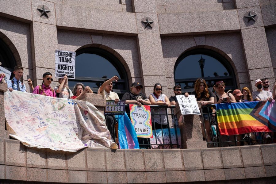Protestors gathered at the Texas state capitol to rally against House Bill 1686 on March 27, 2023. The two bills, if passed, would prohibit gender transitioning in youth.