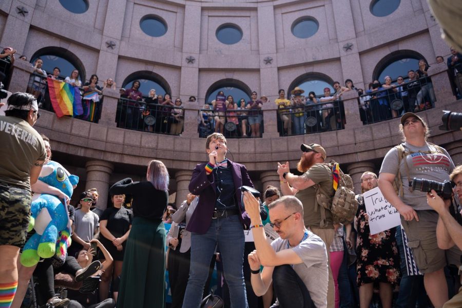 Protestors gathered at the Texas state capitol to rally against House Bill 1686 on March 27, 2023. The two bills, if passed, would prohibit gender transitioning in youth.