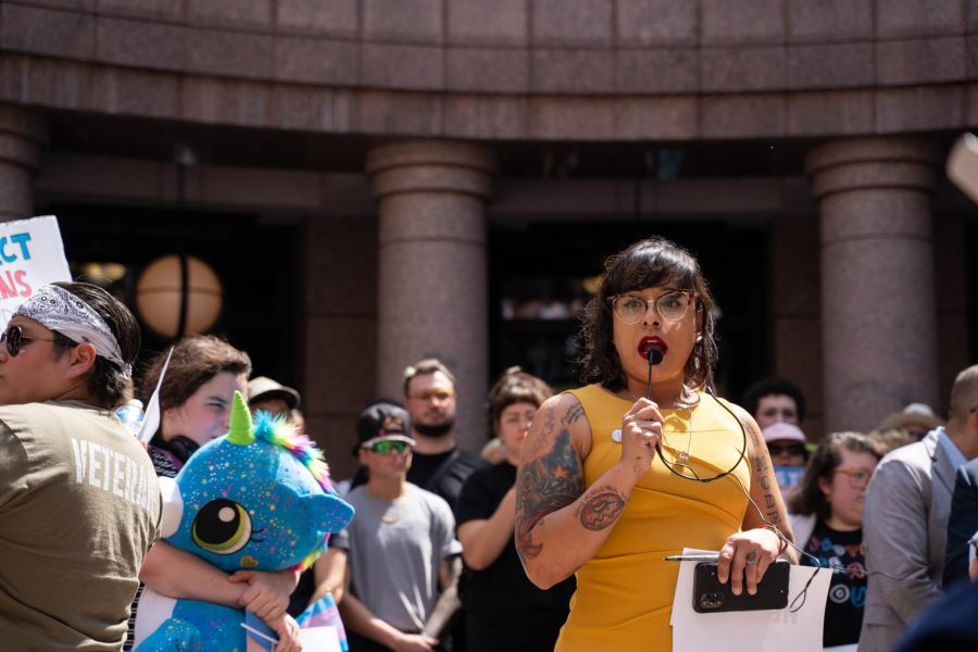 Protestors gathered at the Texas state capitol to rally against House Bill 1869 and Senate Bill 14 on March 27, 2023. The two bills, if passed, would prohibit gender transitioning in youth.