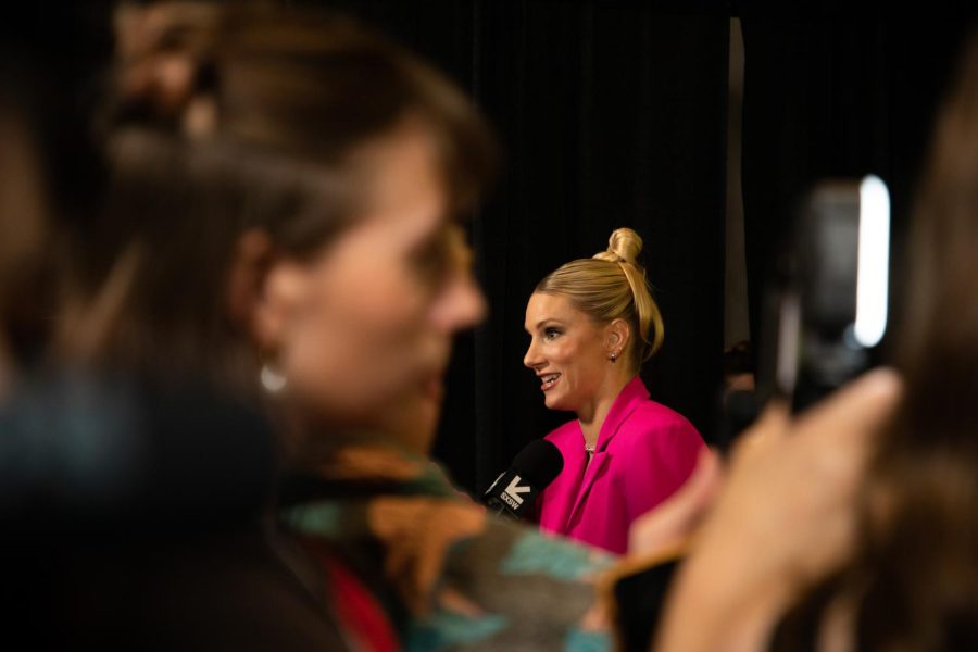 Heather Morris talks to reporters during the world premiere of "Cora Bora" on March 12, 2023.