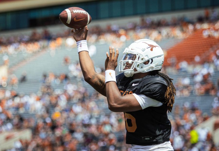 Quarterback Malik Murphy attempts a pass during the Orange and White Game at DKR Texas Memorial Stadium on April 15, 2023.