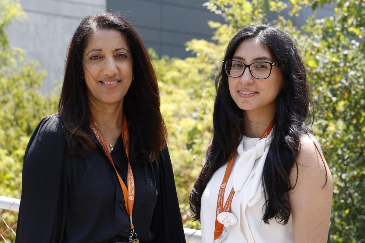 Professor Kiran Shokar and Research Program Manager Cynthia Chacon in front of the Dell Medical School on Aug. 30th, 2023. Earlier this month, Dr. Kiran and Dr. Michael Pignone were granted $3 million to help advance access to colorectal cancer screenings.